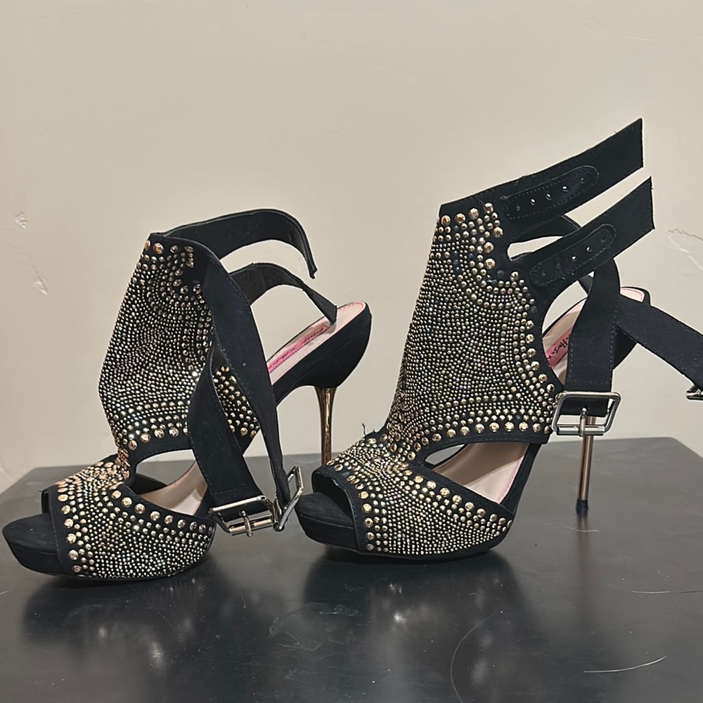 Betsey Johnson Black and Gold Studded Heels